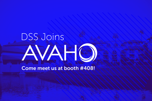 Blue promotional graphic announcing 'DSS Joins AVAHO' with invitation to 'Come meet us at booth #408!' featuring geometric line patterns and circuit board design elements in the background