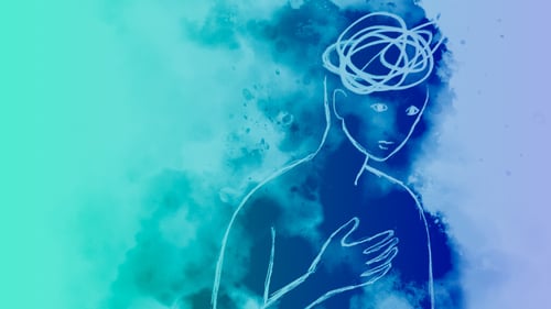 An artistic illustration with a minimalist white line drawing of a figure with swirling hair against a gradient background of teal and blue watercolor-like splashes.