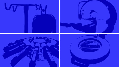 Illustrations of IV bag, MRI machine, centrifuge, and dermatology magnifying lens